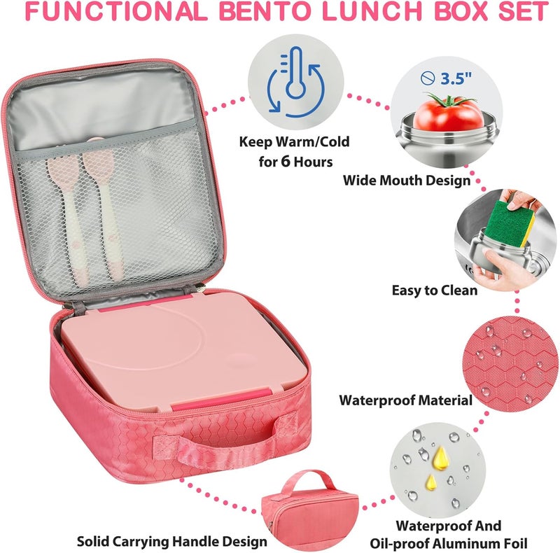 Howeemo Bento Lunch Box Set for Kids with 8oz Soup Thermo, Leak-Proof Lunch Containers with 4 Compartment, Kids Thermo Hot Food Jar and Insulated Lunch Bag for Kid to School-Pink - Image 4